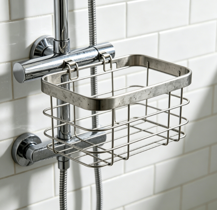 Rust-resistant metal caddy hangs from shower arm.