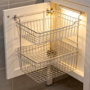 Metal basket that hooks over bathroom cabinet doors.