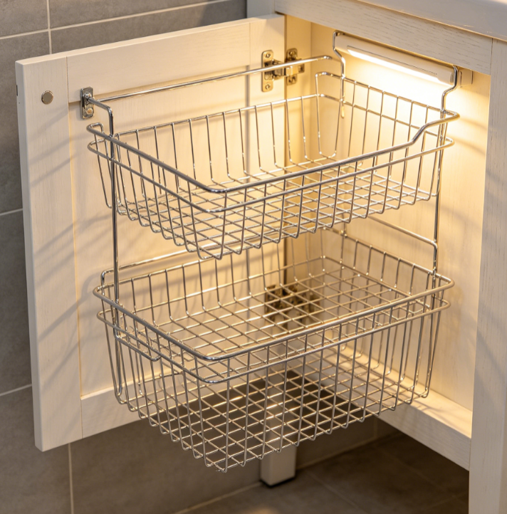 Metal basket that hooks over bathroom cabinet doors.