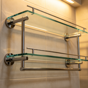  Tempered glass shelf with stainless steel brackets.